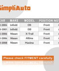 SimpliAuto front wheel hub bearing assembly fitment chart showing 5 Nissan/Infiniti models (I35, I30, X-Trail, Altima, Maxima)