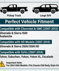 Diagram showing vehicle compatibility for HVAC Blower Motor Fan Assembly Drop In Replacement For Chevy Silverado Truck Tahoe Suburban GMC Sierra Yukon Cadillac Escalade 2007 To 2014 Front Heater Fan Replaces 15 81683 700164.