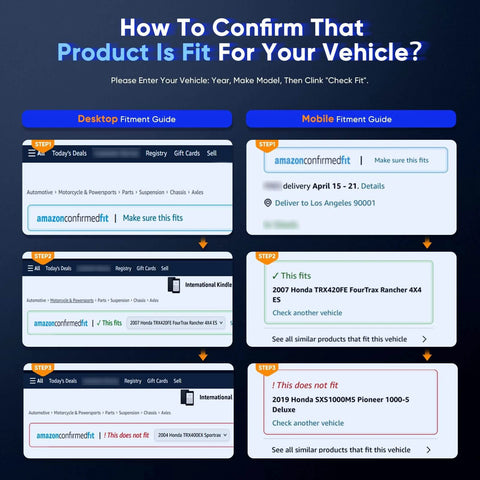 Vehicle fitment guide showing steps to confirm product compatibility on desktop and mobile platforms.