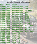 Vehicle fitment information for Mercedes-Benz and Volvo models over background of opened car engine bay.