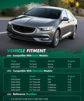 Front view of a silver sedan with compatibility chart for various Buick and Chevrolet models in the background
