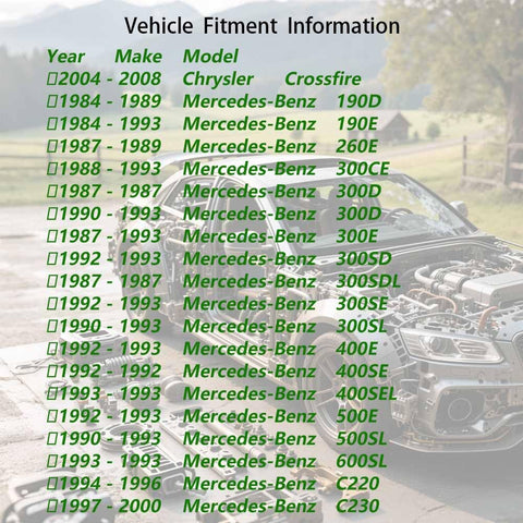 Vehicle fitment information for Two Piece Front And Rear Wheel Bearing Set For Mercedes C Class CLK Class SLK Class And Chrysler Crossfire 2000 To 2012 With 1 8L To 5 5L Gas Engines OE Style BHA54521 1ASHS00801