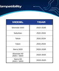 Compatibility chart for Vehicle Flasher Relay With LCM For Chevy Silverado And GMC Sierra 22-25, Tahoe Suburban 21-24, Yukon 21-24