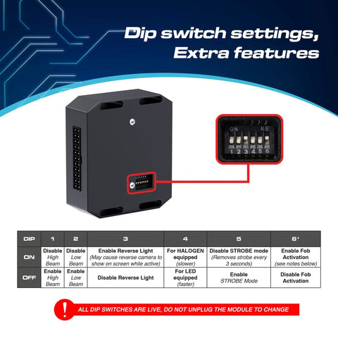 Dip switch settings for vehicle flasher relay with LCM, compatible with Chevy Silverado, GMC Sierra, Tahoe, Suburban, Yukon.