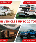 Semi truck, camper RV, trailer, and pickup truck with text 'For Vehicles Up to 20 Tons' emphasizing heavy-duty capability.