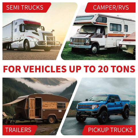 Semi truck, camper RV, trailer, and pickup truck with text 'For Vehicles Up to 20 Tons' emphasizing heavy-duty capability.
