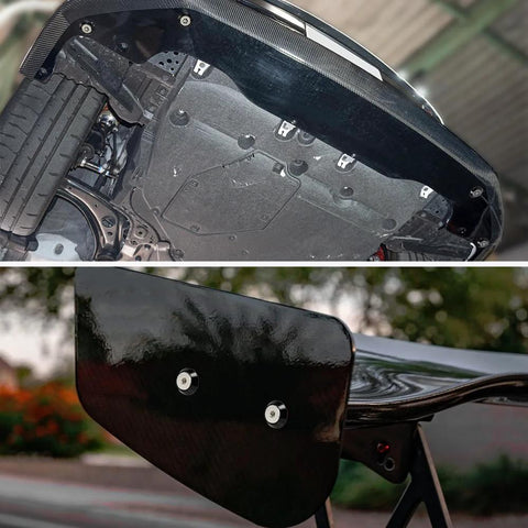 Car underside and spoiler featuring 24-Piece M8x24mm Anodized Aluminum Tapered Washer Kit for Exterior Dress Up installation.