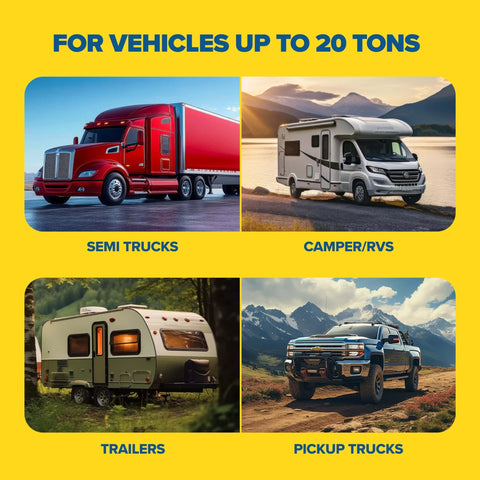 Image depicting vehicles suitable for Extra Large Wheel Chock With Handle For Trucks, Trailers, And RVs, Heavy Duty Molded Rubber Safety Block, 20 Ton Capacity.