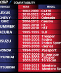 Compatibility chart for vehicles including Lexus GX470, Chevy Colorado, Hummer H3, Acura SLX, Isuzu Trooper, Honda Passport, Hyundai Entourage, Mitsubishi Montero Sport.