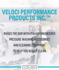 Veloci Performance Products Inc. advertisement with text about Italian engineered pressure washing accessories and equipment