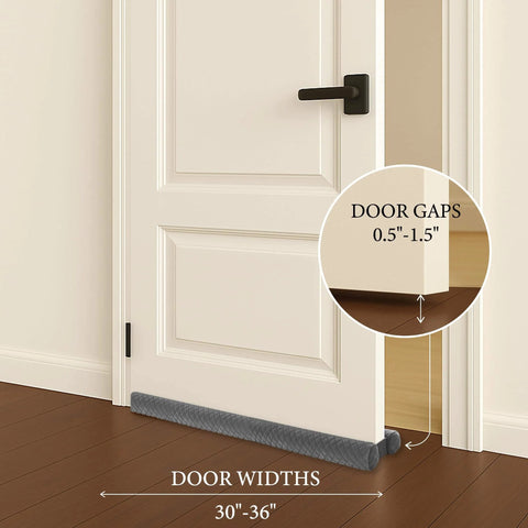 Velvet Under Door Draft Stopper With Adjustable 30 To 36 Inch Gap installed on a closed door, sealing the bottom gap.