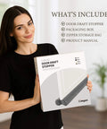 Velvet Under Door Draft Stopper With Adjustable 30 To 36 Inch Gap product box held by a person in a room.