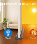Velvet Under Door Draft Stopper With Adjustable 30 To 36 Inch Gap shown under door blocking heat on sunny day