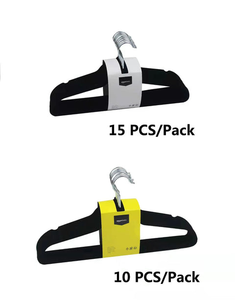 Maximize closet space with a 50-pack of slim velvet non-slip hangers in black with 15 and 10 pack options, silver hooks visible.
