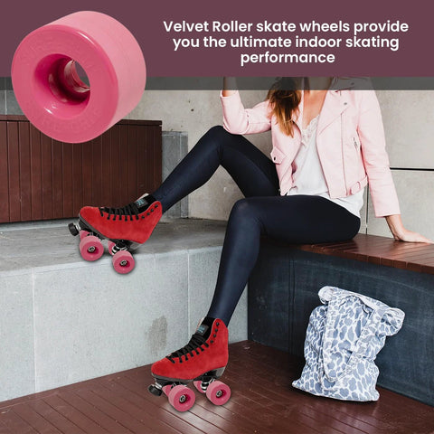 Velvet Indoor Roller Skate Wheels With Vanathane Material For A Real Smooth Indoor Ride 55mm By 31mm Set Of 8 Pink in use