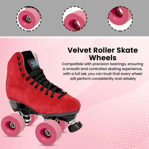 Velvet Indoor Roller Skate Wheels With Vanathane Material For A Real Smooth Indoor Ride 55mm By 31mm Set Of 8 Pink on red skate