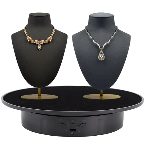 Motorized 360 Degree Rotating Display Stand With Velvet Top for Jewelry and Product Presentation holding two necklaces