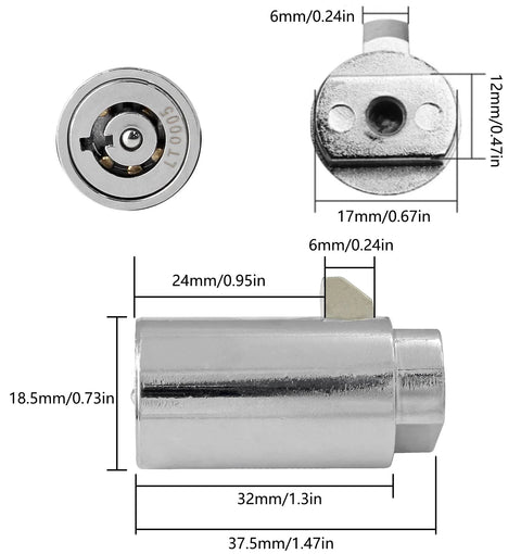 2 Pack Vending Machine Lock Set With Keyed Alike High Security Tubular Keyway Locks, zinc alloy construction, dimensions shown