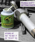 Leak Free Pro Grade Pipe Thread Sealant With High Viscosity Soft Set Formula Venom VM08 open jar with visible soft-setting paste shown next to pipe