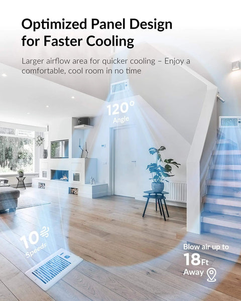 Smart Register Vent Fan For 4 By 10 Inch Register Holes With Ultra Quiet Operation Dual Intelligent Thermostat And WiFi App Control Heating And Cooling HVAC Airflow Booster Eliminates Cold Or Hot Spots Energy Saving Comfort White installed in living room, optimizing airflow for cooling.