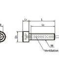 Technical drawing of ✝️ 20-Pack SVLS-M3-8 NBK Socket Head Cap Vacuum Vented Screws - Ventilation Hole - Low Profile M3 length 8mm
