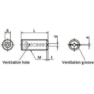 Technical diagram of ✝️ SVTS-M6-25 NBK Hex Socket Set Vacuum Vented Screws - Ventilation Hole 20-Pack - Made in Japan, showing dimensions and features.