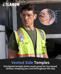 Man wearing Three Pack Over Eyeglasses Safety Goggles ANSI Z87.1 Anti Fog Scratch UV Wrap with high-visibility vest and vented temples.