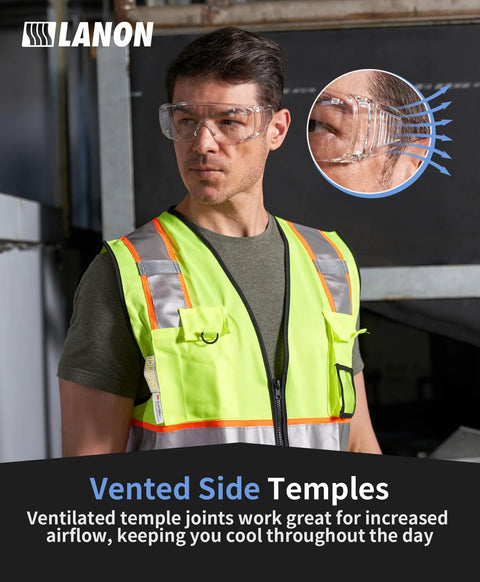 Man wearing Three Pack Over Eyeglasses Safety Goggles ANSI Z87.1 Anti Fog Scratch UV Wrap with high-visibility vest and vented temples.