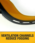 Close-up of Anti Fog Safety Goggles with dual mold fit, showing ventilation channels to reduce fogging with clear hard coated lens.