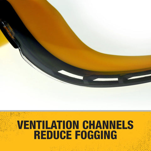 Close-up of Anti Fog Safety Goggles with dual mold fit, showing ventilation channels to reduce fogging with clear hard coated lens.