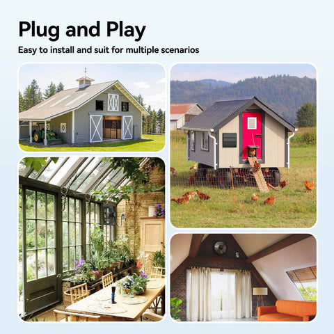 Collage showing the installation scenarios for the Shutter Exhaust Fan With Remote Control For Garage Shop Greenhouse Attic.