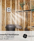 Through The Wall Ventilation Fan With White Cover For Your Home Kitchen Or Garage Eight Point Five Sones 200 CFM Eight Inch Duct Size No Ducting Needed Exterior Wall Cap And Easy Wall Mount Installation Broan NuTone 509 installed in a garage.