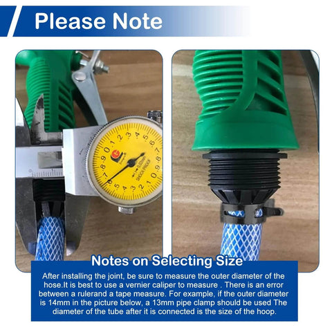 Close-up of a measuring tool on a hose with green spring band, showing diameter for Sixty Piece Spring Band Hose Clamp Set With 12mm Inner Diameter And 0.47 Inch Range For Fuel Line Water Pipe And Air Tube Applications Made From High Quality 65MN Spring Steel With Dacromet Coating For Corrosion Resistance