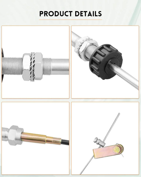 Heavy Duty Vernier Locking Throttle Cable Delivers Precise Throttle Control And Secure Locking For PTO And Dump Systems, 10 ft stainless core cable, 2 inch knob head, product components close-up.