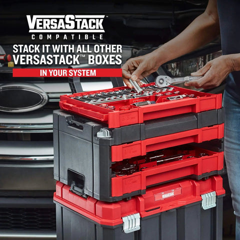 Person organizing tools in 230 Pcs Mechanics Tool Set, Socket Wrench Set, Car Tool Kit with VERSASTACK Toolbox.