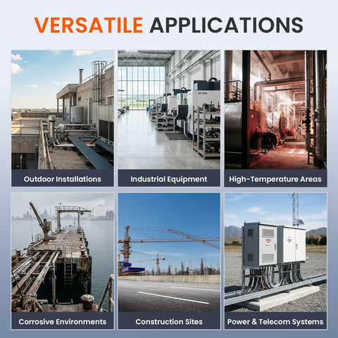 Collage of images showcasing versatile applications: outdoor installations, industrial equipment, high-temperature areas, and more.