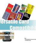 Smart 2-In-1 Card Shuffler And Dealer For Up To 12 Players showing compatible card games and adjustable baffle