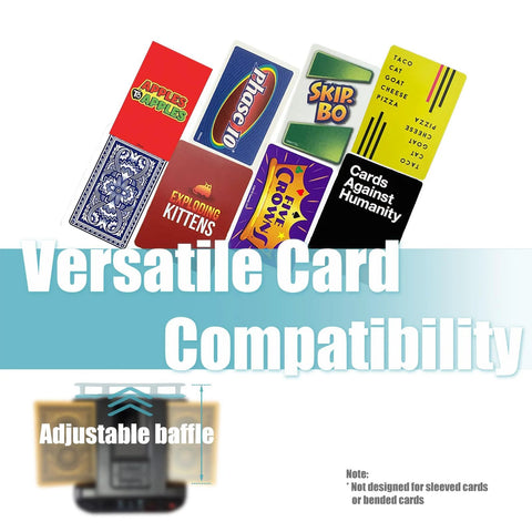 Smart 2-In-1 Card Shuffler And Dealer For Up To 12 Players showing compatible card games and adjustable baffle