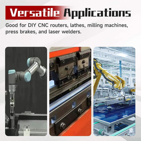 Versatile applications for DIY CNC routers, lathes, milling machines, press brakes, and laser welders shown in industrial settings