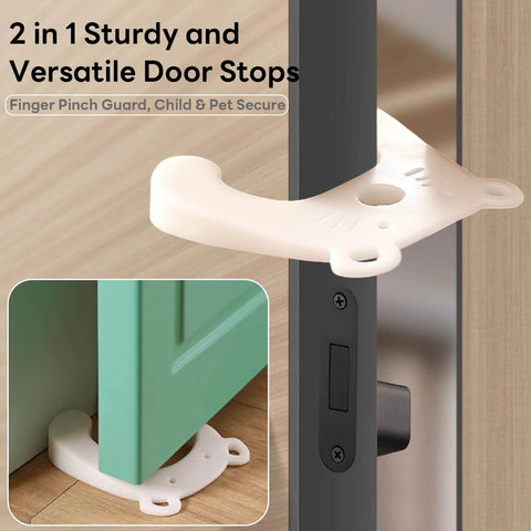 Versatile 2 in 1 door stop that acts as a wedge and pinch guard installed on door, soft TPR, suitable for wood, glass, metal doors