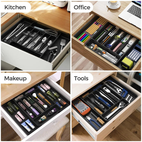 Expandable Extra Large Silverware Organizer For Deep Kitchen Drawers With Two Adjustable Panels BPA Free Food Safe Plastic For Spoons Forks And Knives Black No Assembly Needed Unfolds To Fit Most Drawers Keeps Flatware Neatly Separated