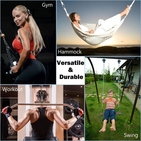 Collage of gym, hammock, workout, and swing scenes showcasing 304 Stainless Steel Carabiners 2 Inch M5 Screw Lock Clips