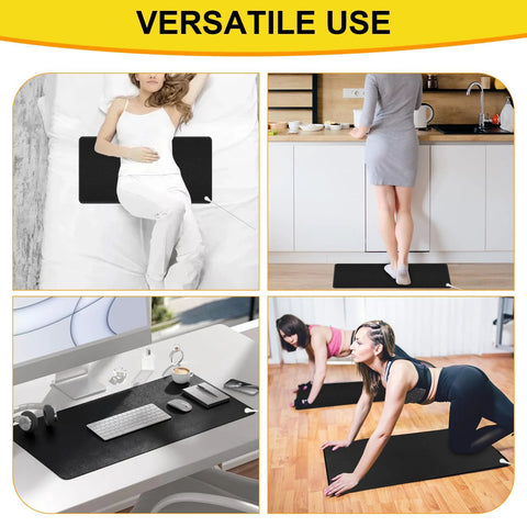 Various uses of Copper Grounding Rod Kit with 40 ft braided cord for earthing mats, in bedroom, kitchen, office, and workout areas