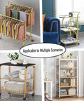 Collage showing gold carts with shelves and casters for clothing, towels, decor, and books, illustrating versatility.