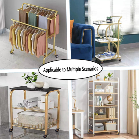 Collage showing gold carts with shelves and casters for clothing, towels, decor, and books, illustrating versatility.