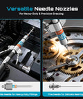 Close-up of versatile needle nozzles for precision greasing, featuring heavy-duty and delicate needle tips in action.