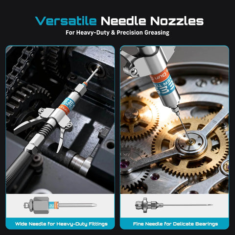 Close-up of versatile needle nozzles for precision greasing, featuring heavy-duty and delicate needle tips in action.