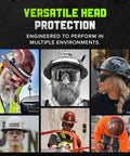 Collage of workers wearing Dax Fiber Resin Full Brim Safety Helmet With 6 Point Suspension And Comfort Dome in various environments