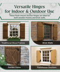 Display of Heavy-Duty Black Wrought Iron Shutter Hinges with lift-off pintles on wood frames, brick walls, and garden gates.