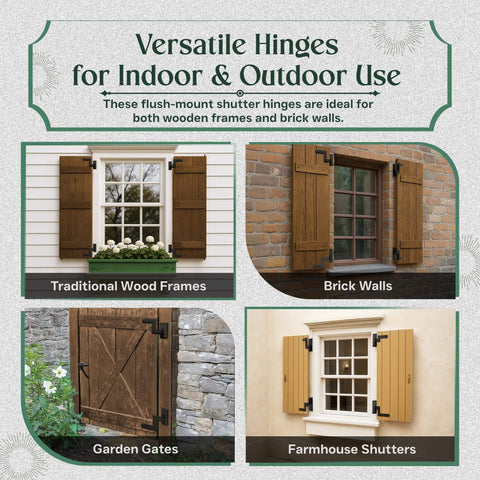 Display of Heavy-Duty Black Wrought Iron Shutter Hinges with lift-off pintles on wood frames, brick walls, and garden gates.